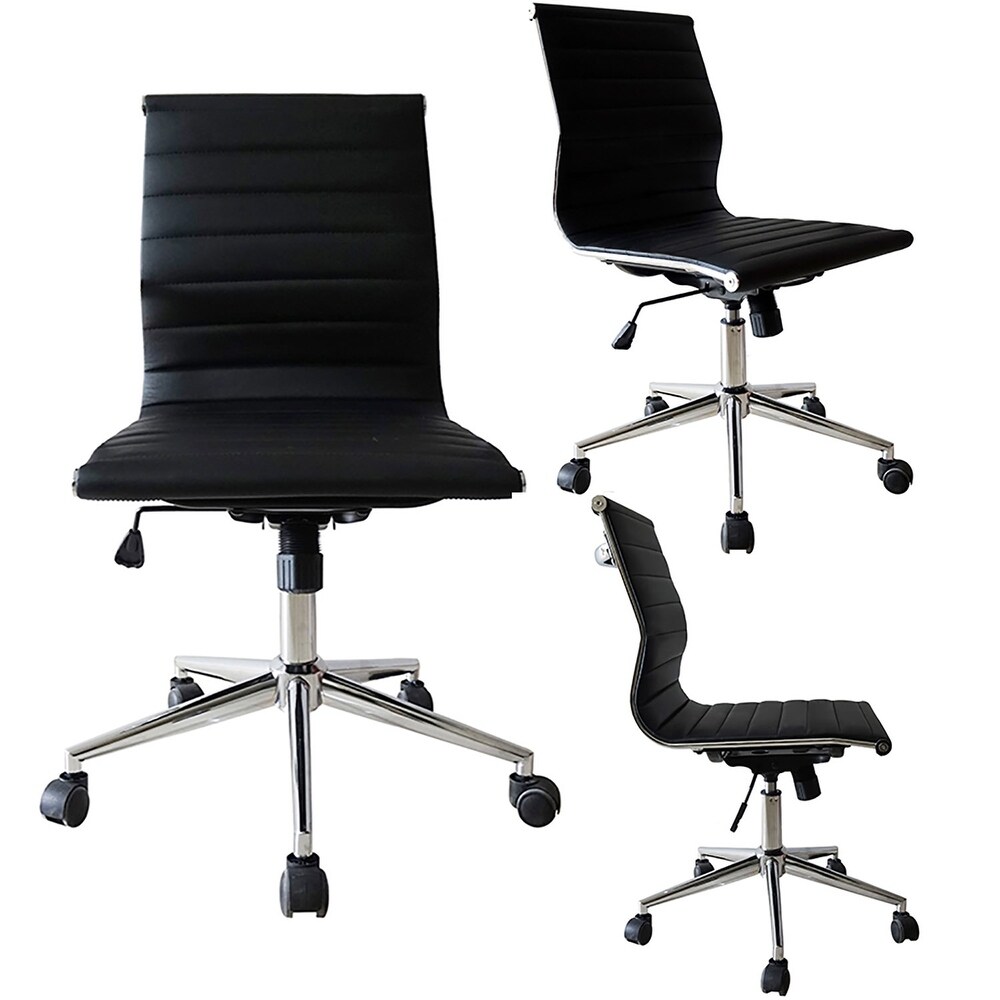 Black Swivel Adjustable Height PU Leather Office Chair Mid Back Armless No Arms Side Ribbed Task Work on Black Base