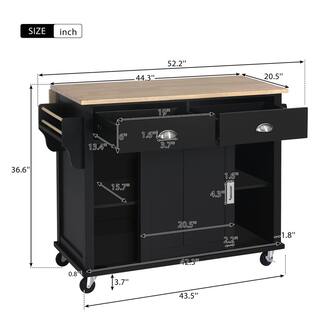 Black Wood 52.2 in. Kitchen Island with Storage Cabinet and 2-Drawers LN20232838