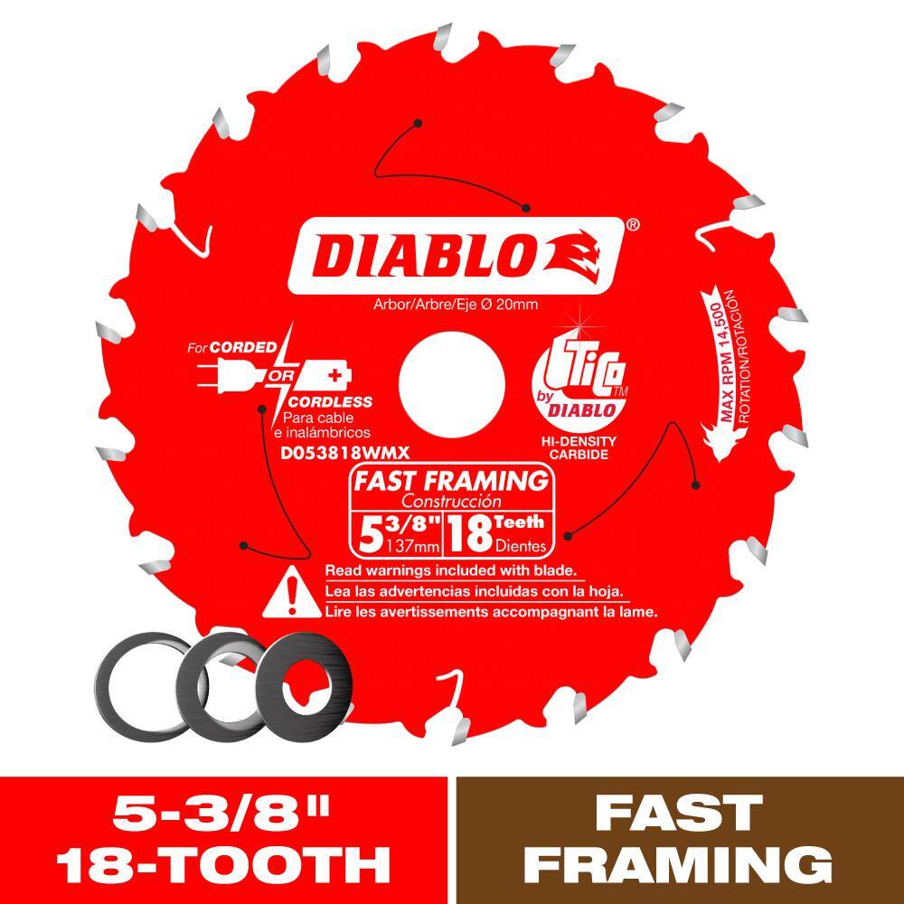 DIABLO 5-38 in x 18-Tooth Fast Framing Circular Saw Blade with Bushings D053818WMX