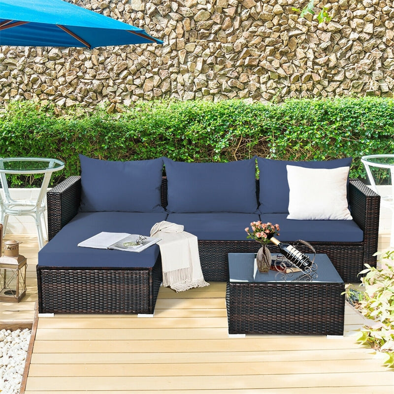 5 Pcs Rattan Wicker Outdoor Patio Sectional Furniture Set with Coffee Table & Cushions