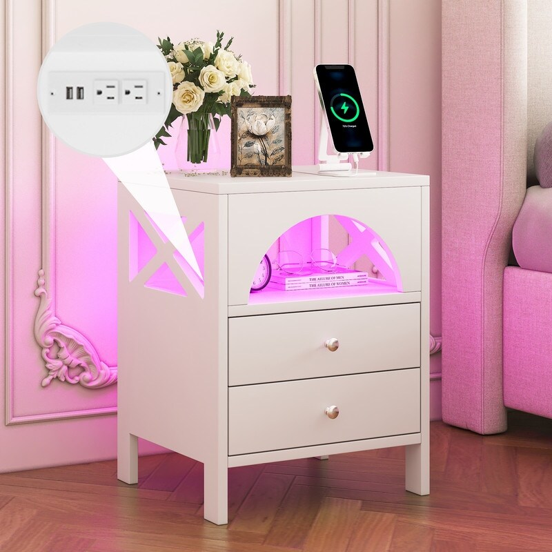 Nightstand with USB Charging Ports and LED Lights End Table with 2 Drawers and Shelf