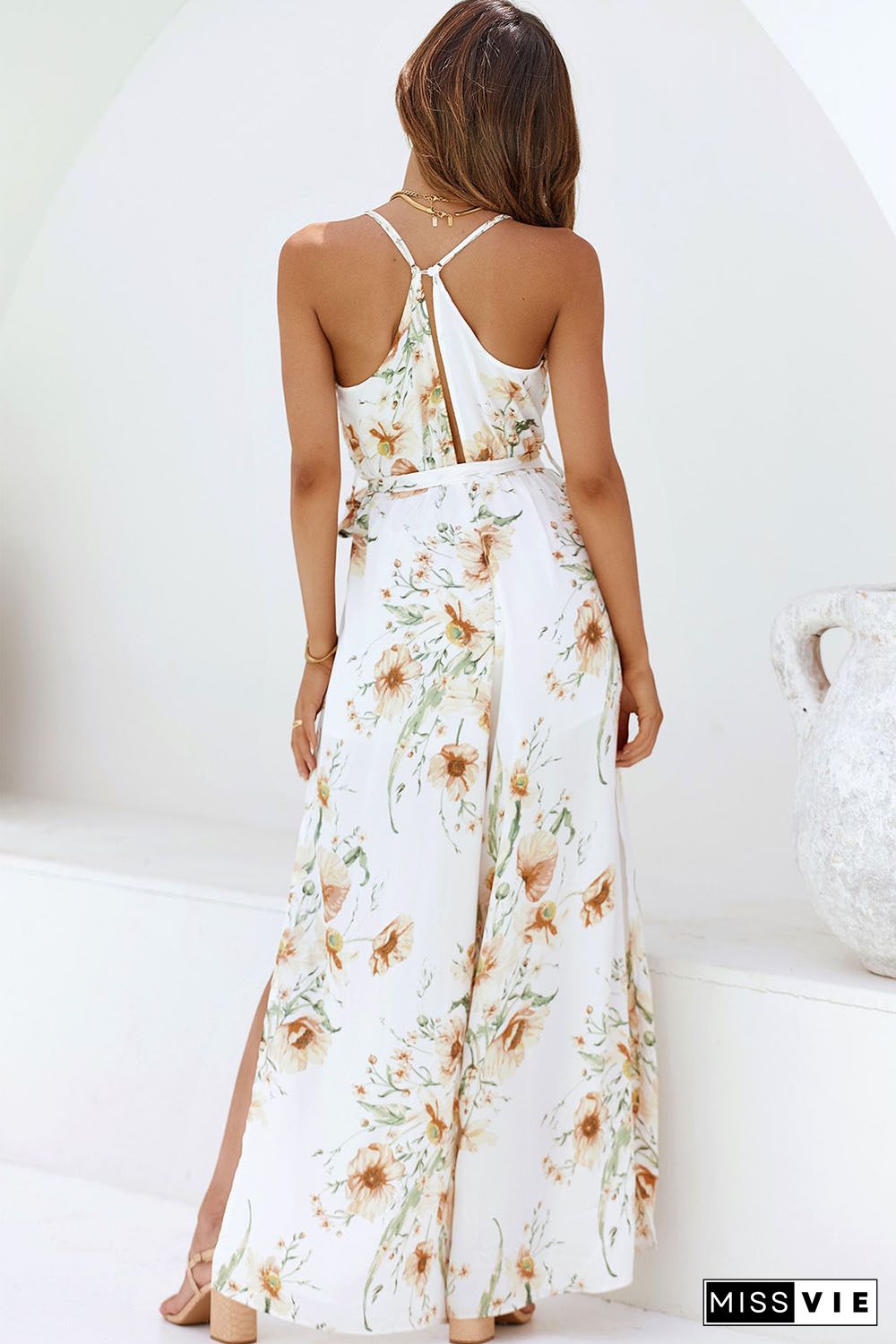 White Poppy Print Belted Cami Wide Leg Jumpsuit