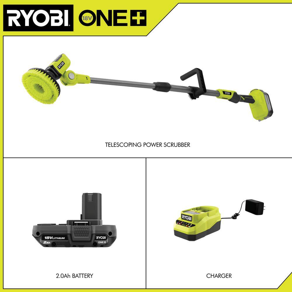 RYOBI ONE+ 18V Cordless Telescoping Power Scrubber Kit with 2.0 Ah Battery and Charger P4500K