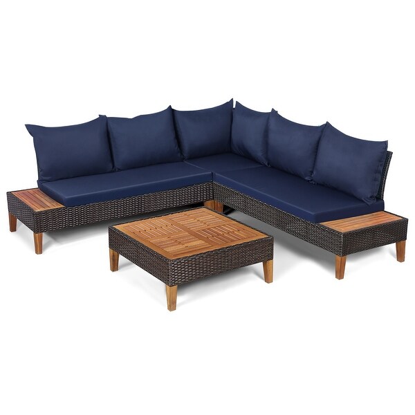 4 PCS Wood Patio Furniture Set Outdoor Rattan Sectional Sofa Set - Overstock - 35739951