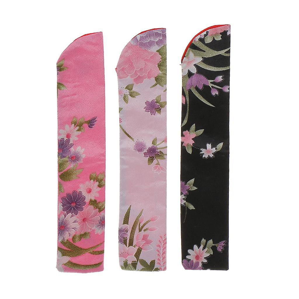 3pcs Floral Folding Hand Held  Fan Bag Holder Silk Pouch Woman Novelty