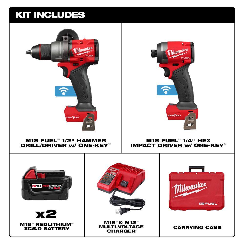 MW M18 FUEL ONE-KEY 18V Lithium-Ion Brushless Cordless Hammer DrillImpact Driver Combo Kit Two 5.0 Ah Batteries Case 3696-22