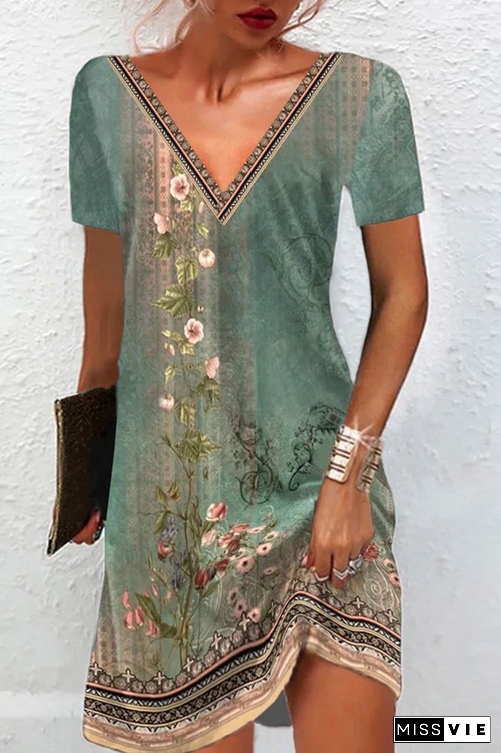 V Neck Ethnic Floral Print T-Shirt Dress