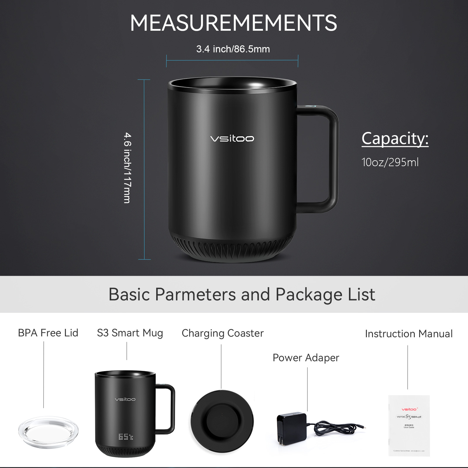 vsitoo S3 Temperature Control Smart Mug 2 with Lid， Self Heating Coffee Mug 10 oz， LED Display， 90 Min Battery Life - AppandManual Controlled Heated Coffee Mug - Improved Design， Coffee Gifts， Black