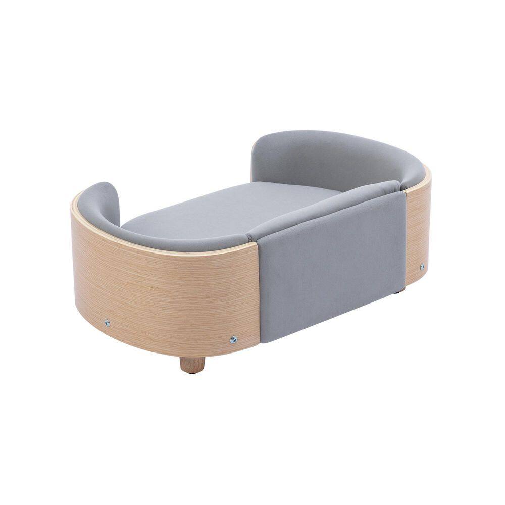 38.58 in. W Dog Bed Pet Sofa With Solid Wood Legs and Bent Wood Back Velvet Cushion Walnut in Light Gray DOGBED368KANS