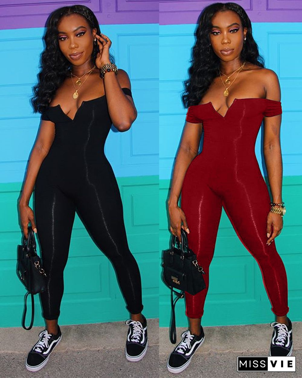 Off Shoulder V-neck Wrap Bra Solid Long Jumpsuits