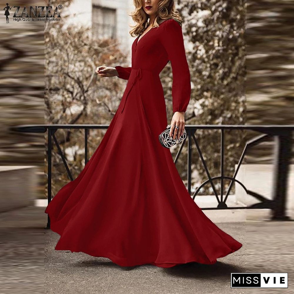 ZANZEA Autumn Long Sleeve Maxi Dresses Women Sexy Deep V Neck Bohemian Party Wedding Dress