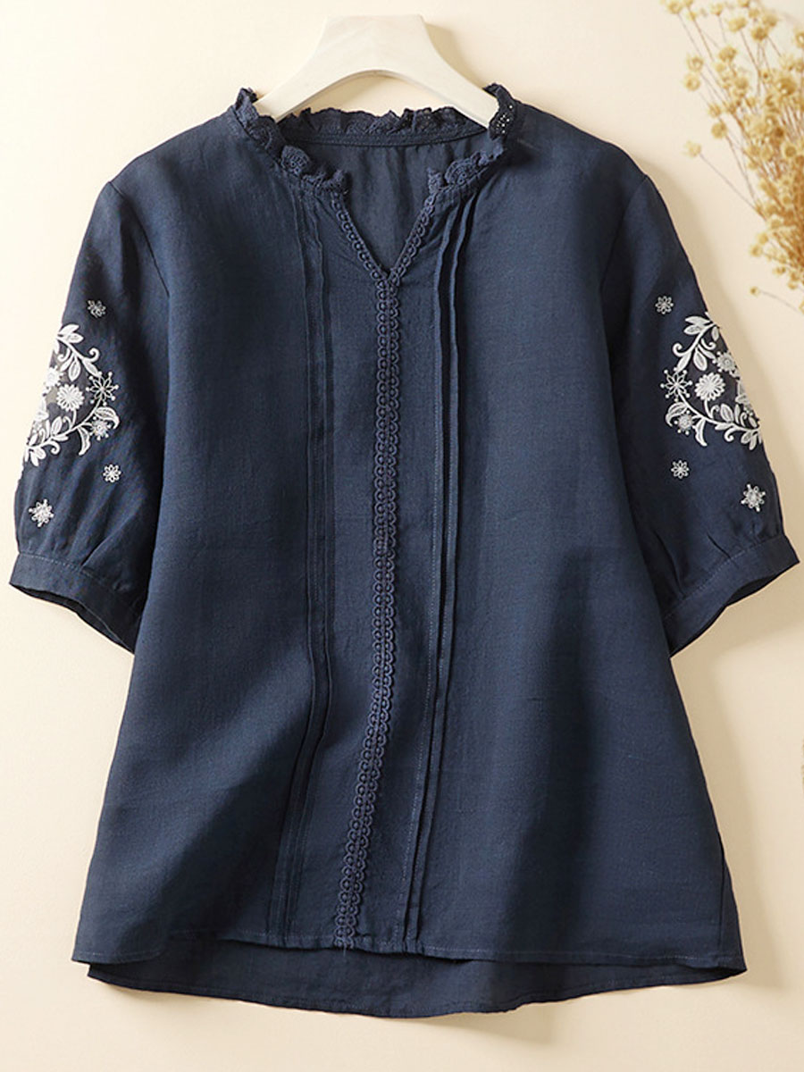 V-neck Casual Loose Embroidered Short Sleeve Blouse