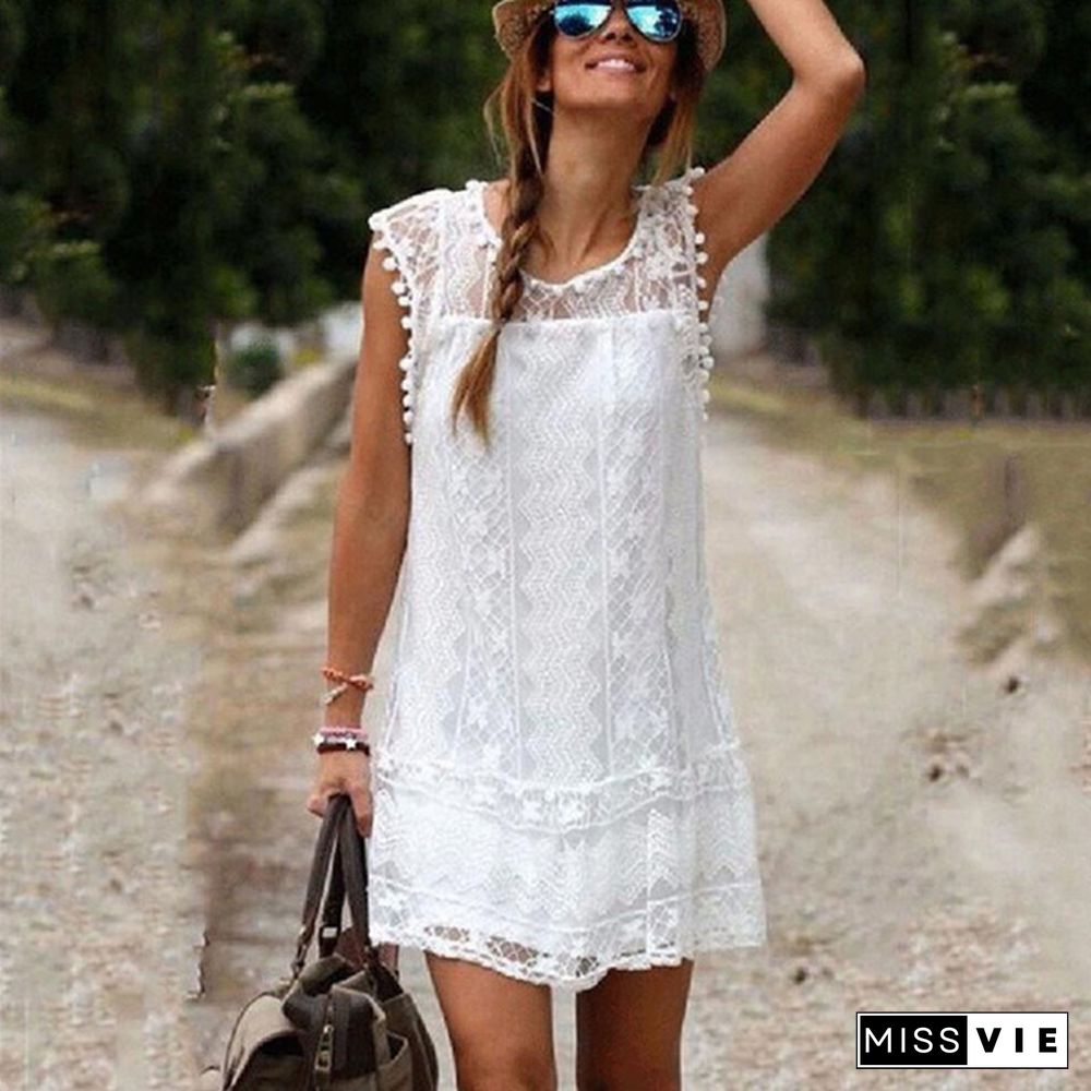 Women Summer Dress Women Casual Sleeveless Beach Short Dress Tassel Solid White Mini Lace Dress Plus Size