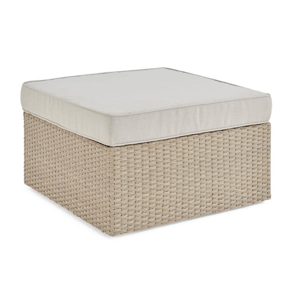 Alaterre Furniture Canaan Beige AllWeather Wicker Outdoor Square Ottoman with Cream Cushion