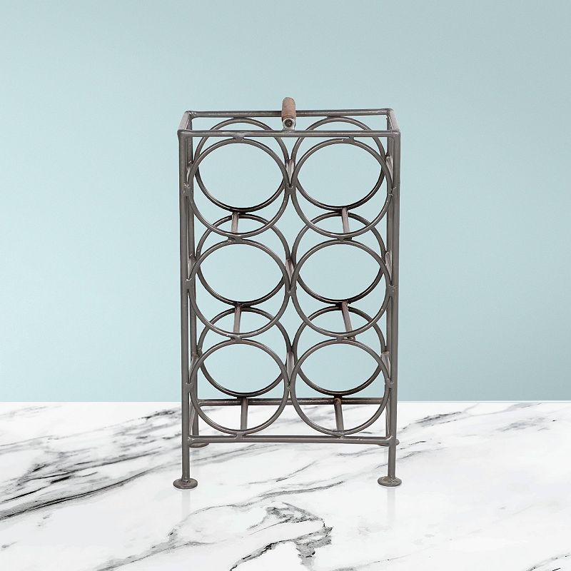 17 Inch Industrial Wine Rack Holder， Rectangular Iron Frame， 6 Bottle Storage， Gunmetal Gray