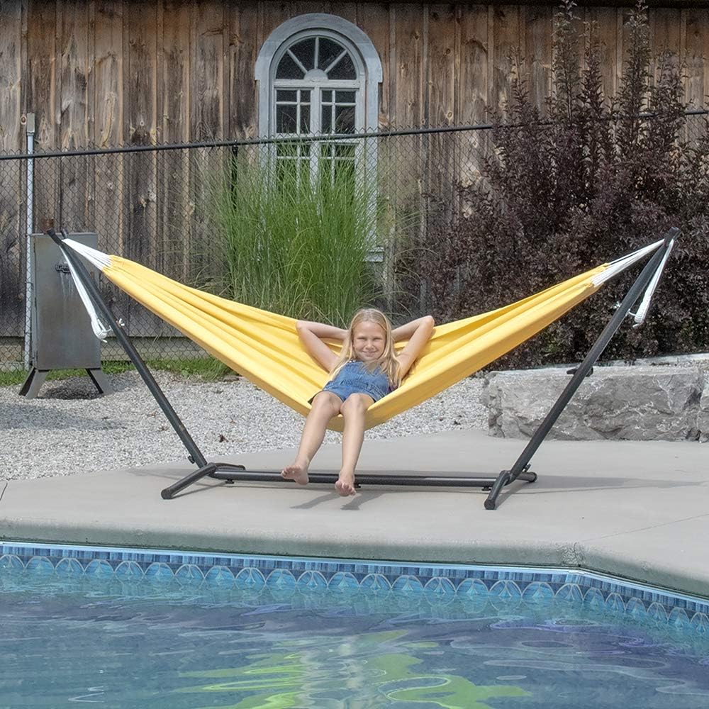 Double Cotton Hammock with Space Saving Steel Stand, Tropical (450 lb Capacity - Premium Carry Bag Included)