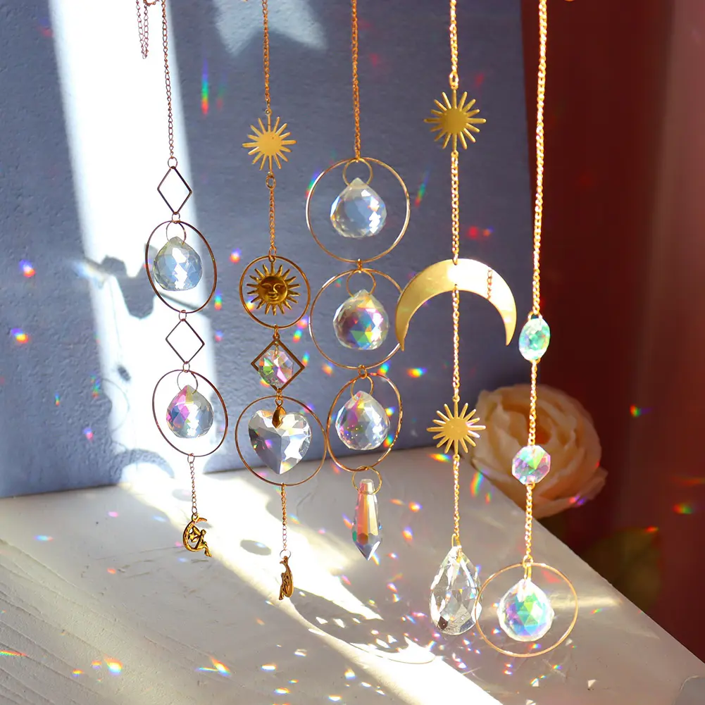 Metal Healing Crystal Prism Chaser Glass Windchime Moon Star Sun Ball Light Catchers Pendants Ornament Crafts Decor