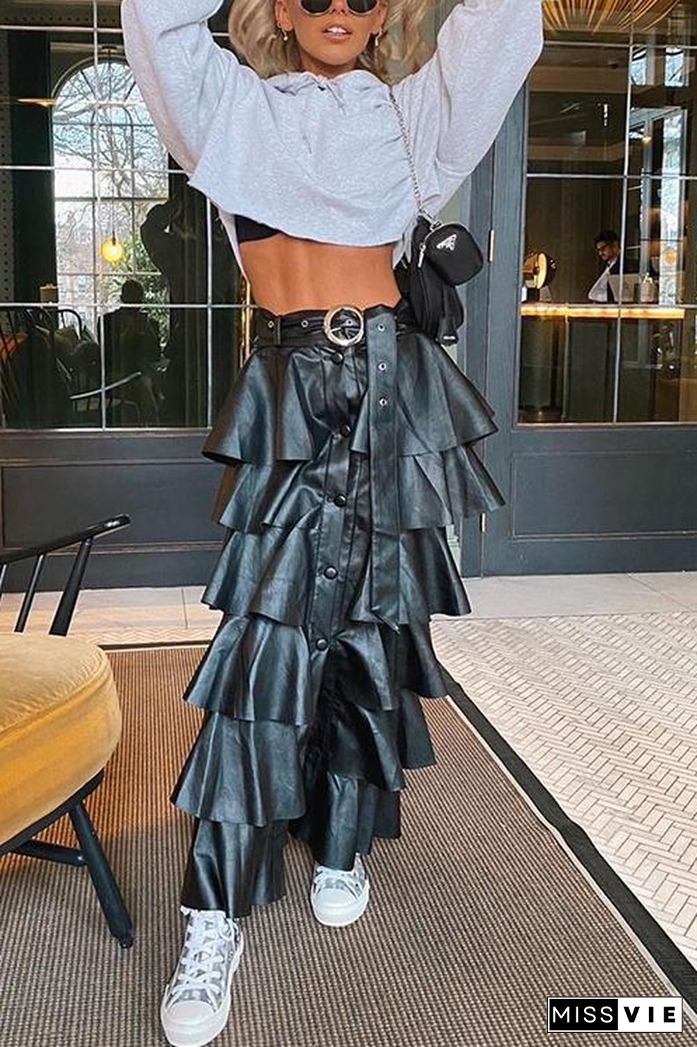 Button Up Ruffled Pu Tiered Skirt