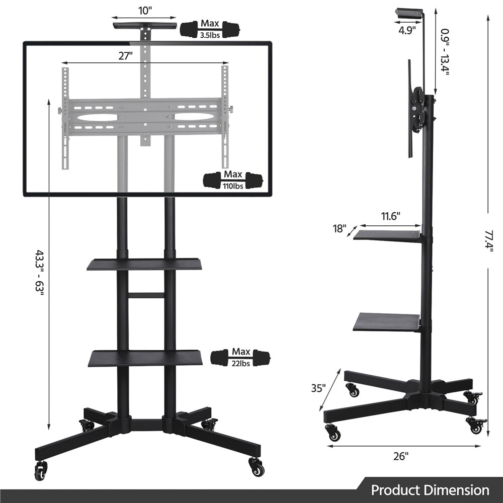 Yaheetech Height Adjustable Rolling TV Stand TV Cart for tvs 32'' 75''