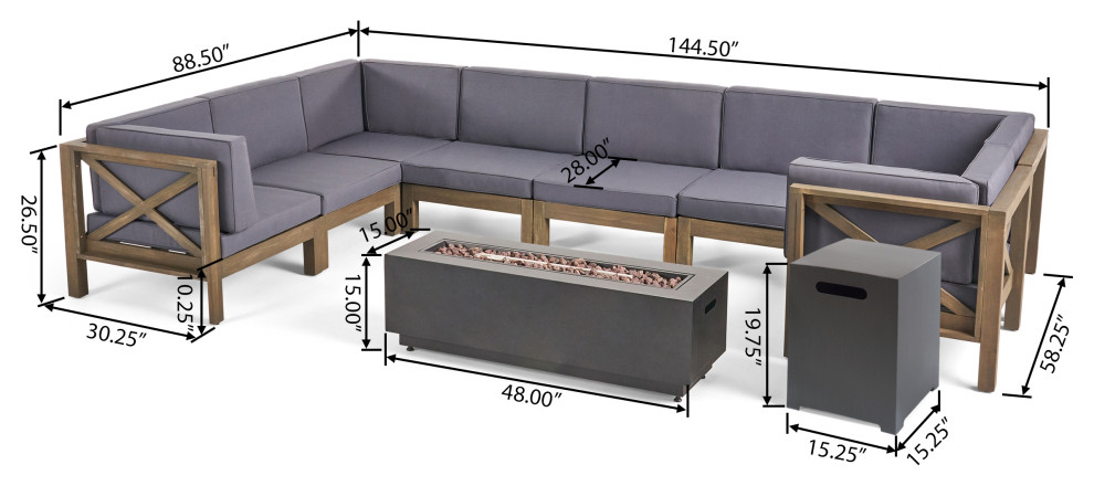 GDF Studio 10 Piece Muriel Outdoor Acacia Wood Sofa Set With Fire Pit   Transitional   Outdoor Lounge Sets   by GDFStudio  Houzz