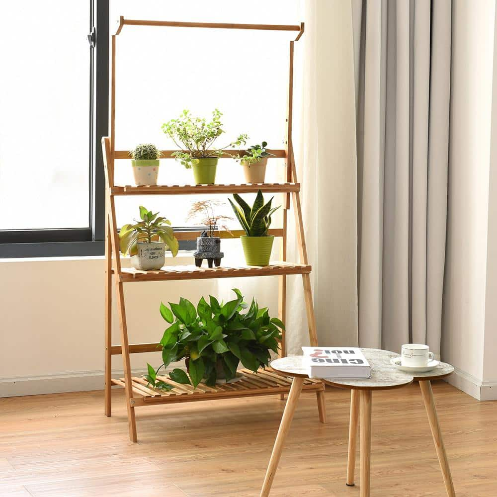 HONEY JOY 27.5 in. x 16 in. x 47.5 in. Hanging Folding Indoor/Outdoor Natural Wood Bamboo Plant Shelf Stand (3-Tier) TOPB000476