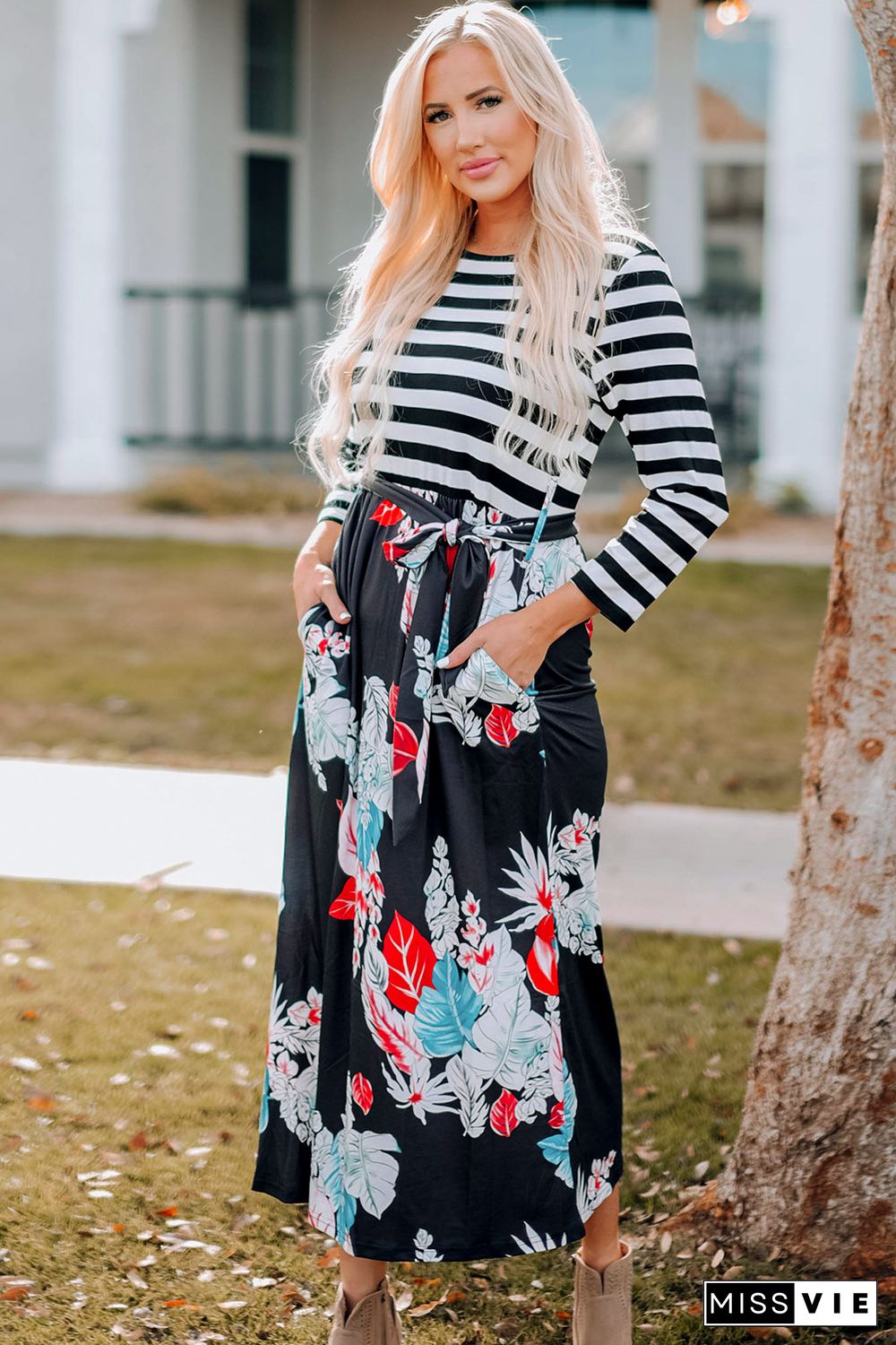 Striped Floral O-Neck Long Dress