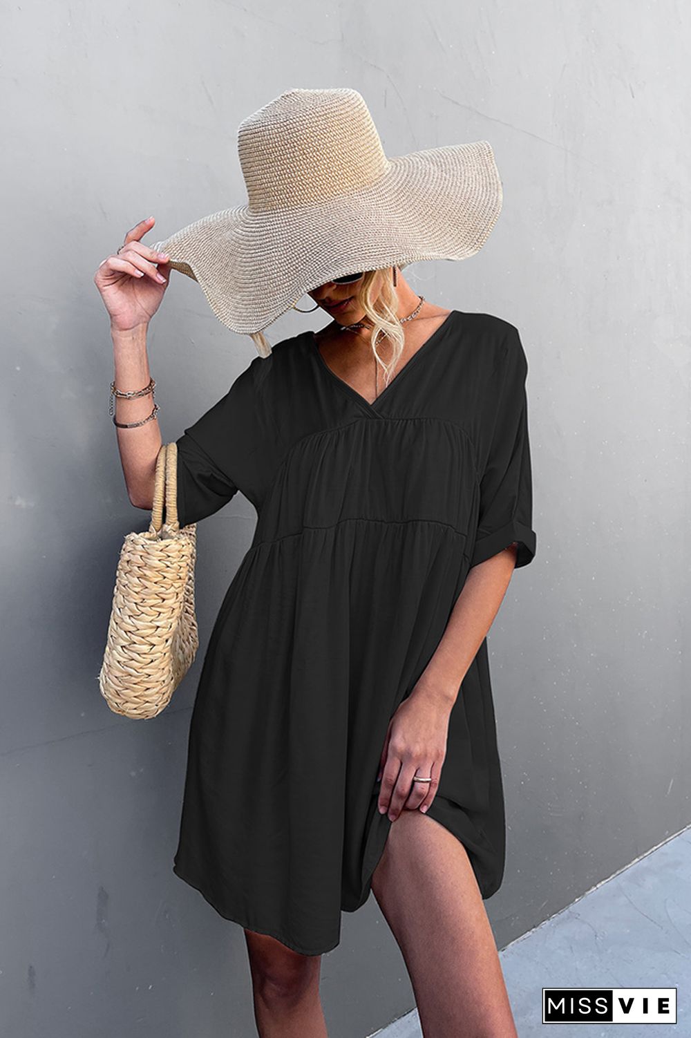 Loose V Neck Short Sleeves Dress Wholesale