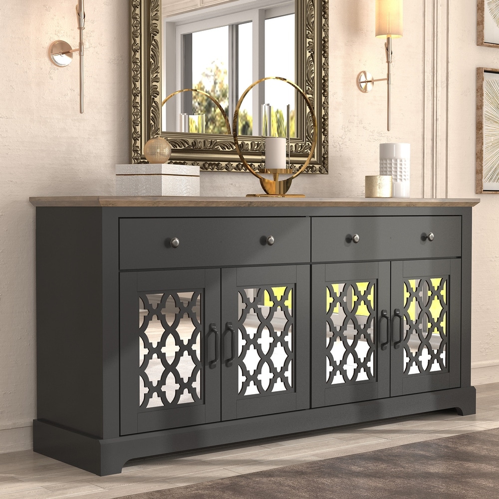 Heron Wood 59.1in. 4 Door Wide Sideboard with Adjustable Shelves and Drawers   59.1\