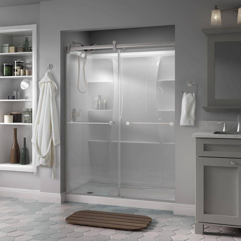 Delta Lyndall 60 x 71 in. Frameless Contemporary Sliding Shower Door in Nickel with Clear Glass 2439206