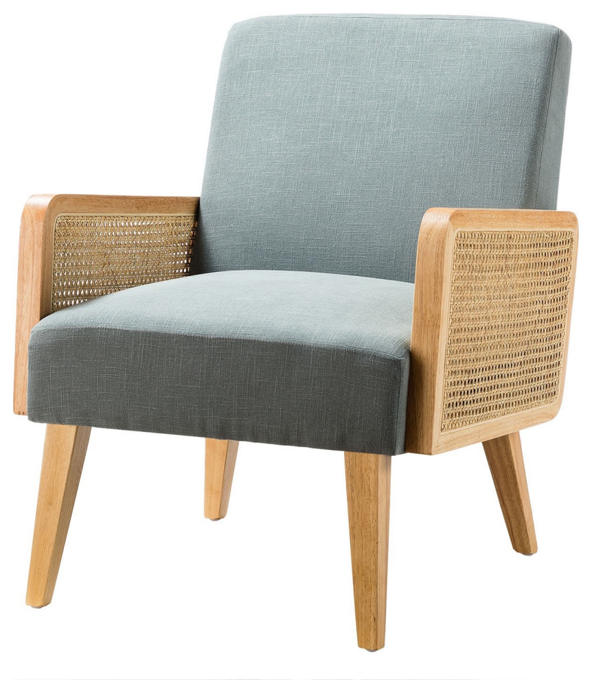 Retro Accent Chair  Natural Wooden Arms With Wicker Accent and Velvet Seat   Tropical   Armchairs And Accent Chairs   by Declusia  Houzz