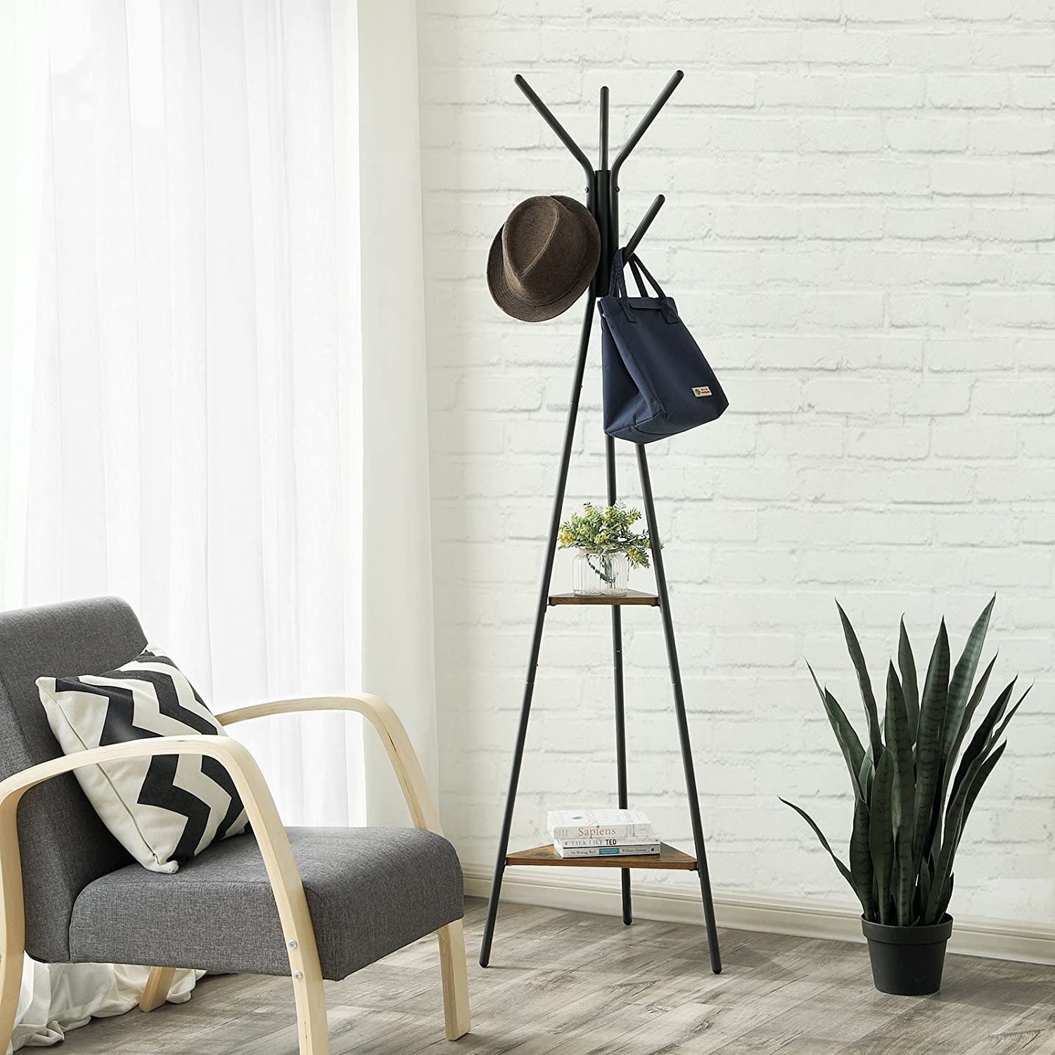 Coat Rack Stand， Coat Tree， Hall Tree Free Standing， Industrial Style， with 2 Shelves