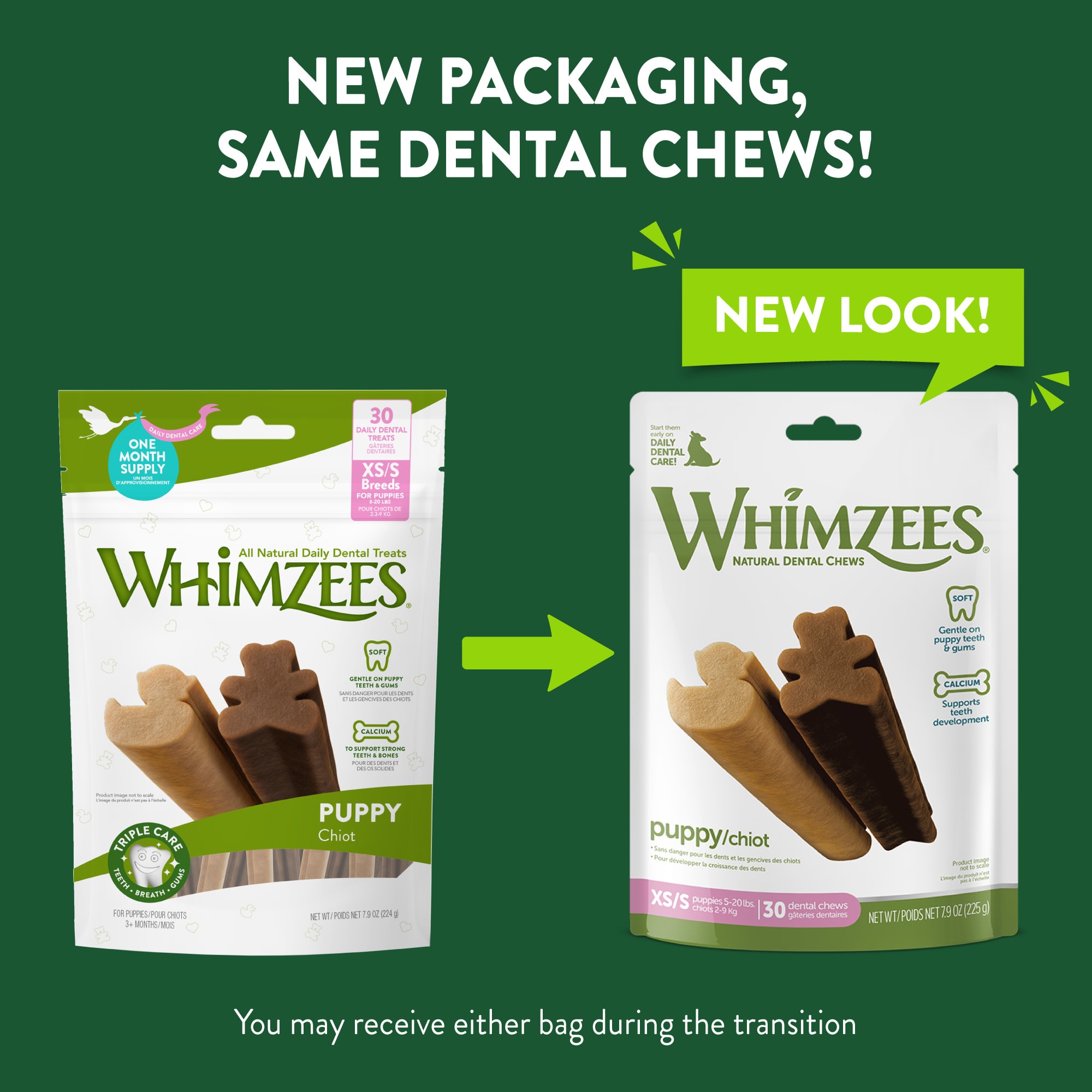 Whimzees Natural Grain Free Dental X-Small/Small Puppy Treats， 7.9 oz.， Pack of 30