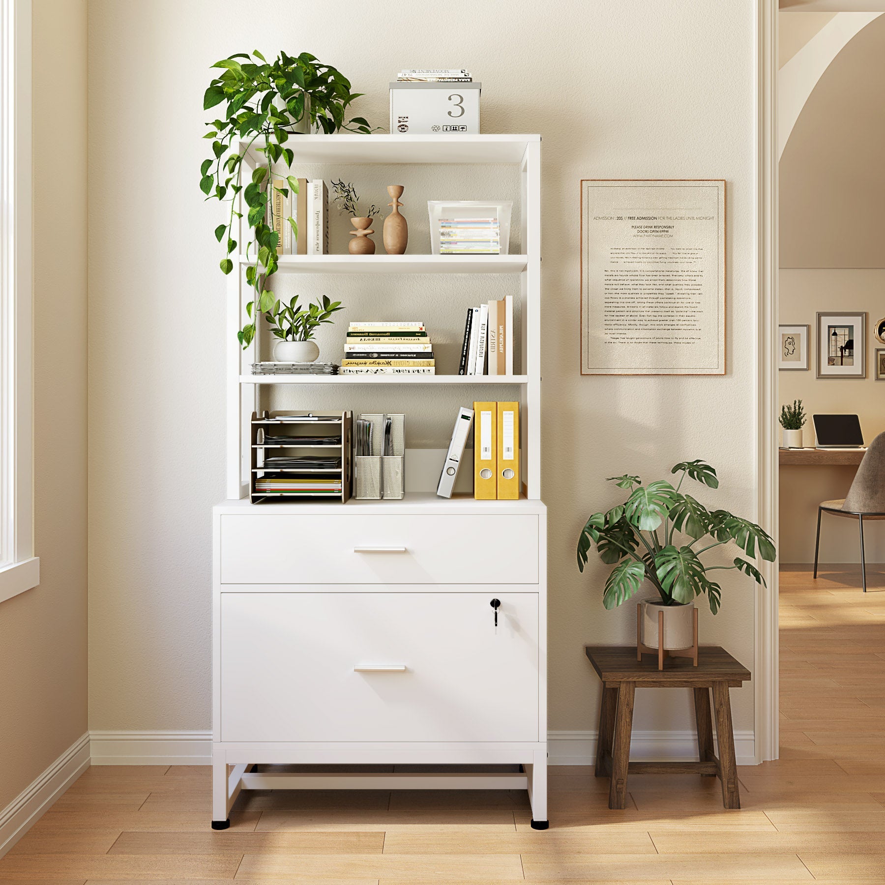 2-Drawer File Cabinet, Vertical Filing Cabinet with Lock & Bookshelf