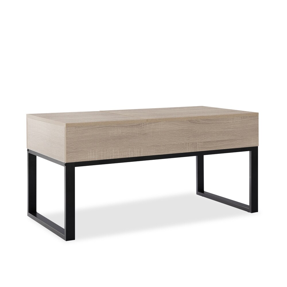 39.37 in. Oak Rectangle Wood Lift Top Extendable Coffee Table with Storage and Metal Frame