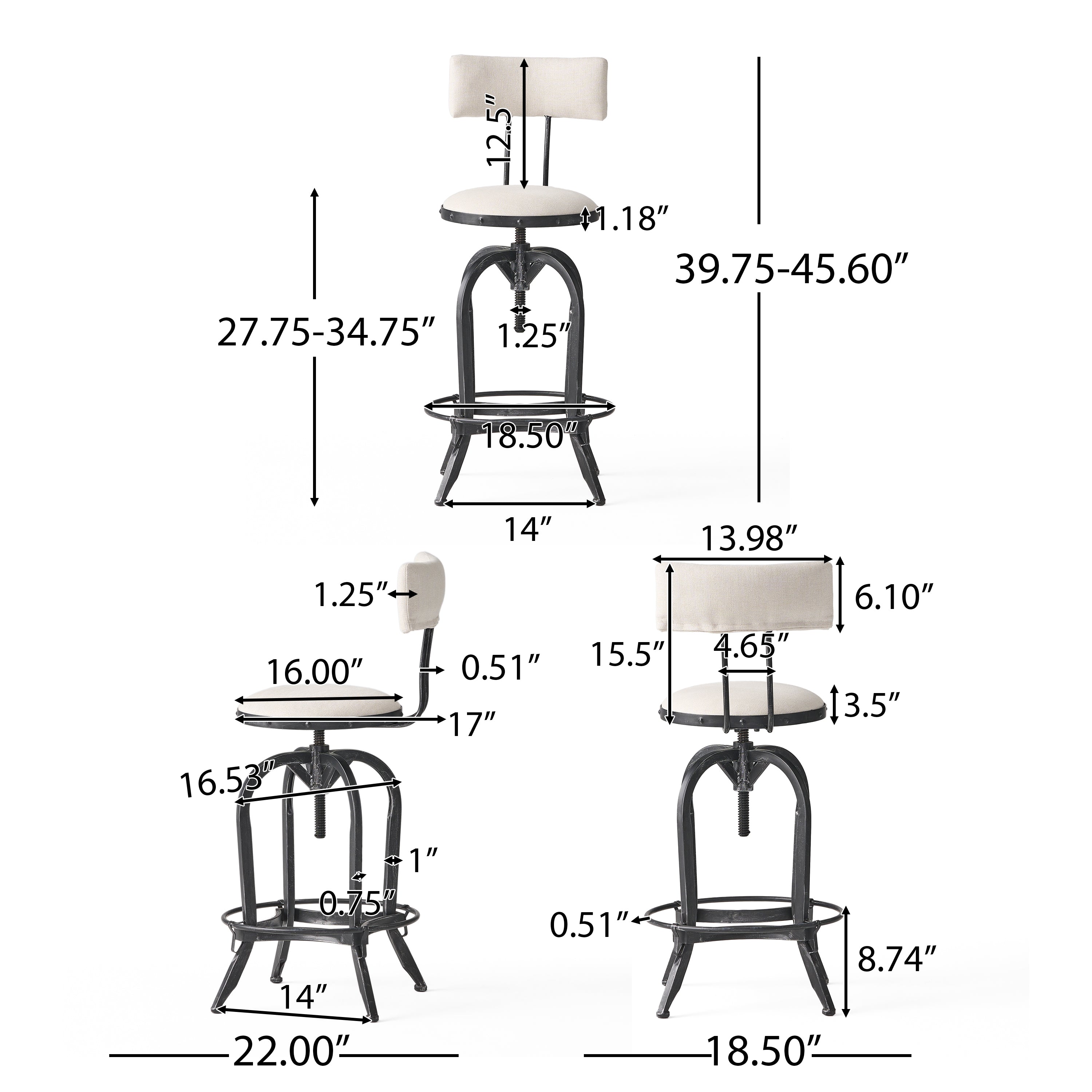 Contemporary Adjustable Fabric Off-White Swivel Barstool w/ Backrest