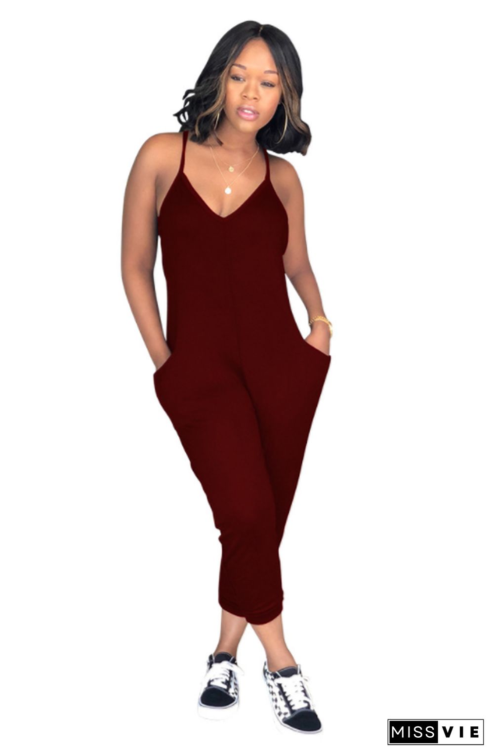 Burgundy Spaghetti Strap Romper with Pockets