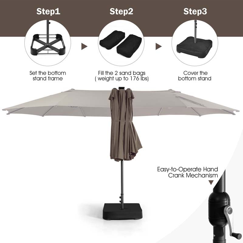 15 FT Double-Sided Patio Umbrella with 48 Solar Lights, Extra-Large Outdoor Twin Market Umbrella with Base