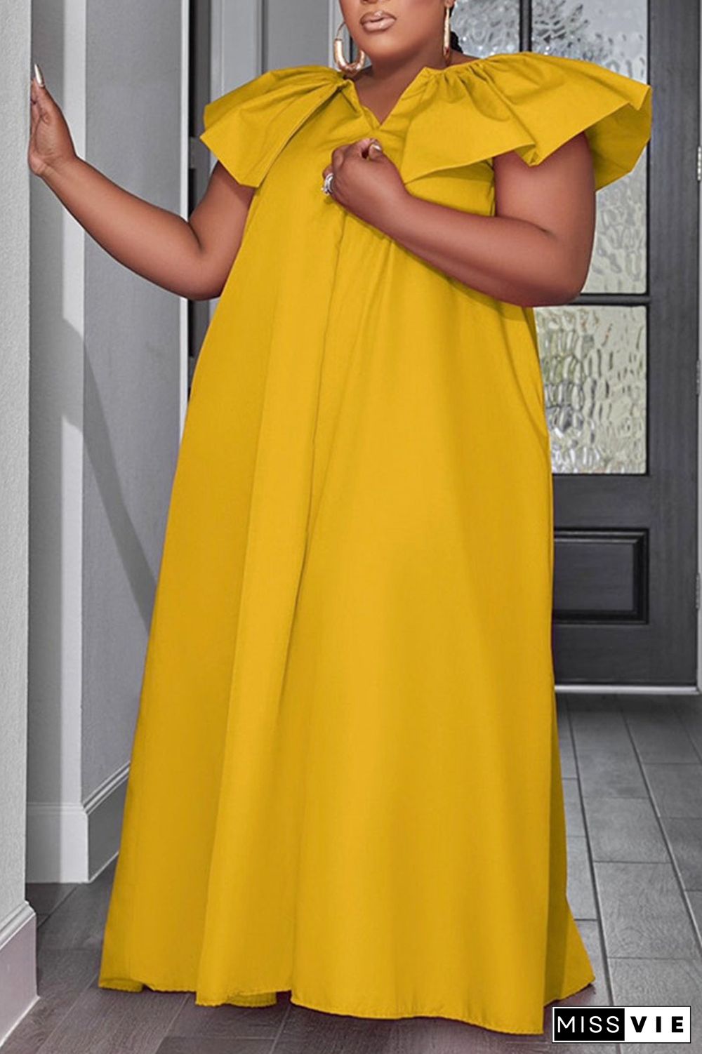 Yellow Casual College Solid Patchwork V Neck Straight Plus Size Dresses