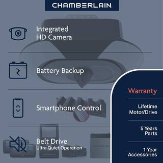 Chamberlain 1-14 HP LED Video Quiet Belt Drive Garage Door Opener with Integrated Camera  Battery Backup B6753T