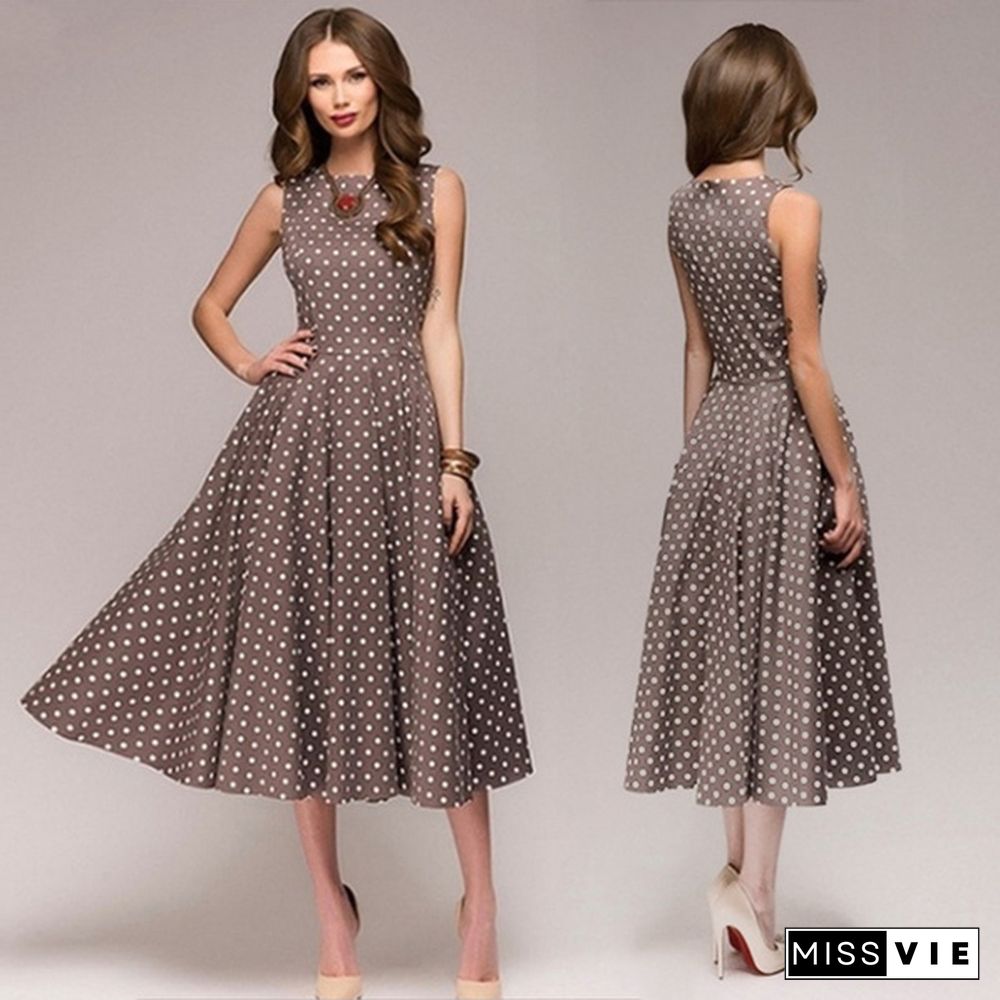 Vintage Polka Dot Swing Party Dresses Women Sleeveless O-neck Elegant Dress Casual Boho Midi Dress