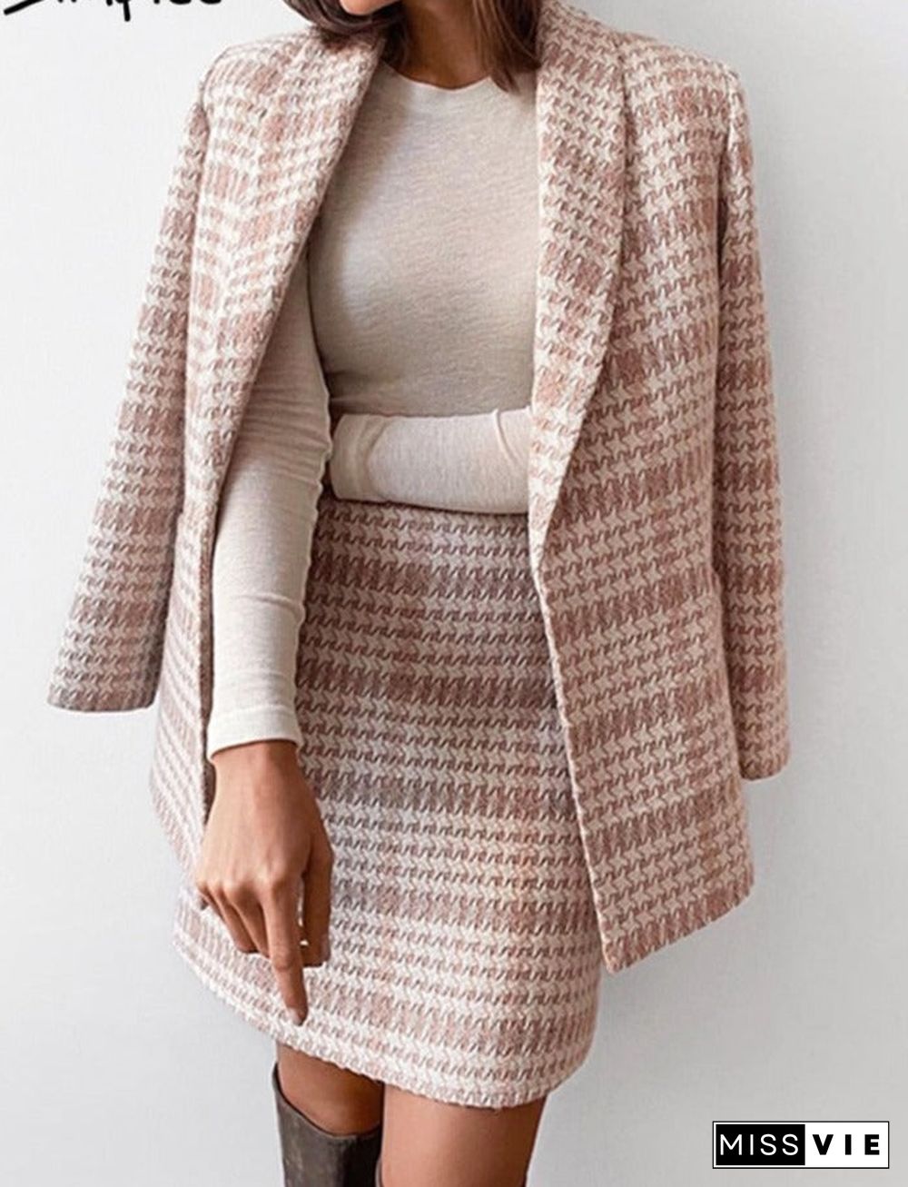 Vintage Houndstooth V-Neck Women Blazer Suit Office Lady Plaid Shoulder Pads Pink Two Pieces Set Pocket Mini Dress Sets