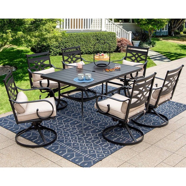 7pc Outdoor Dining Set Swivel Chairs With Cushions Steel Table Umbrella Hole Rust amp Water Resistant Captiva Designs