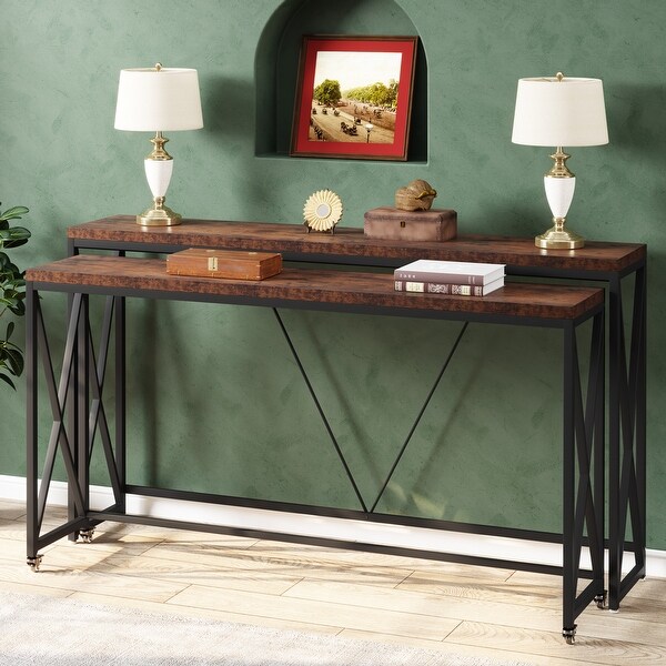 Sofa Table Set of 2， Narrow Long Sofa Console Tables with Wheels for Entryway