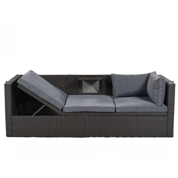 Roomfitters Outdoor Patio Rectangle Daybed with Retractable Canopy，Wicker Sectional Seating with Washable Cushions