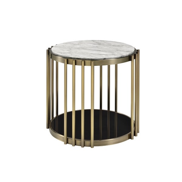 Furniture of America Roberts Brass and White Faux Marble Drum Side Table