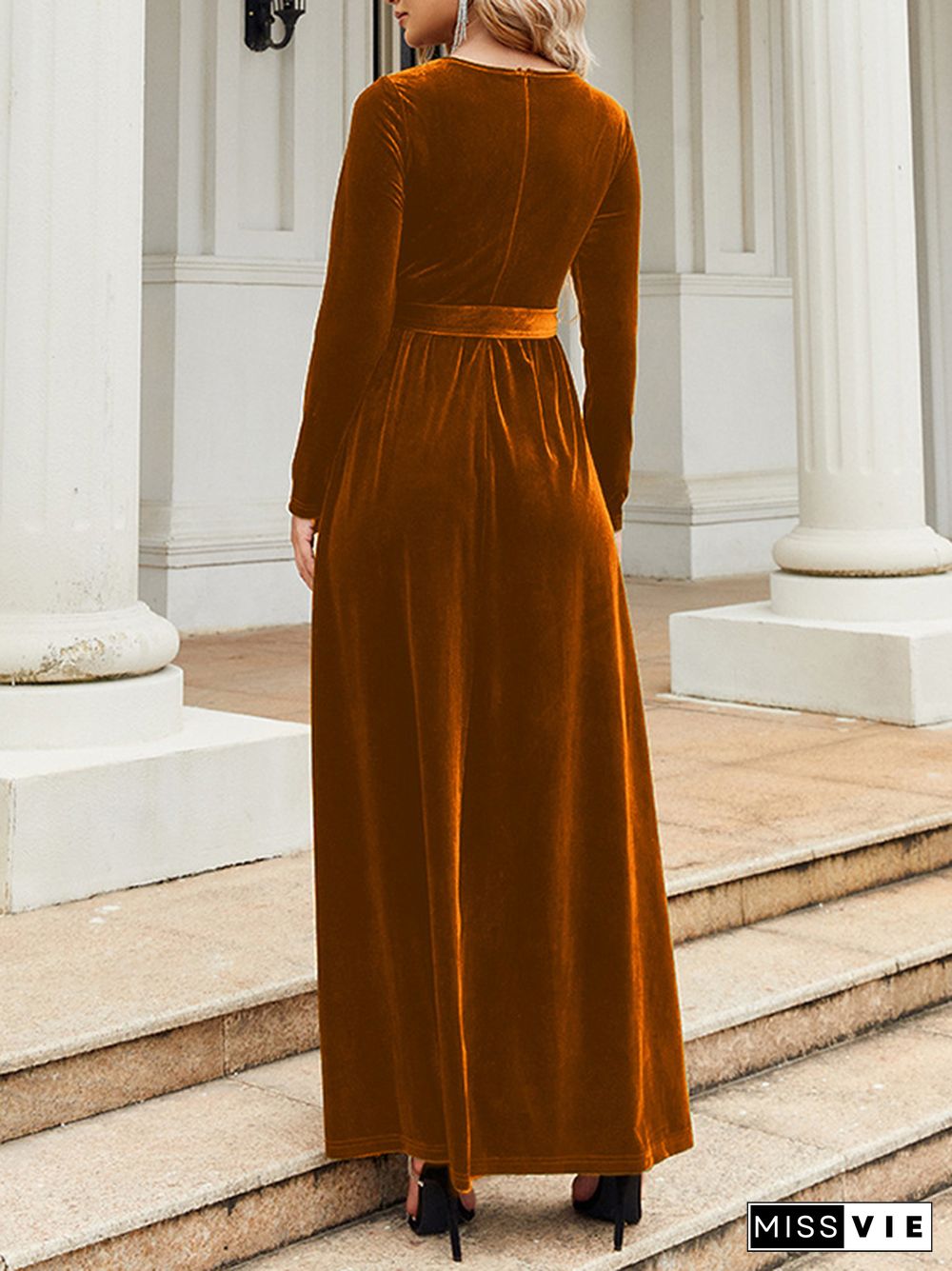 Long Sleeves Wrap Belted Pleated Solid Color Zipper Round-Neck Maxi Dresses