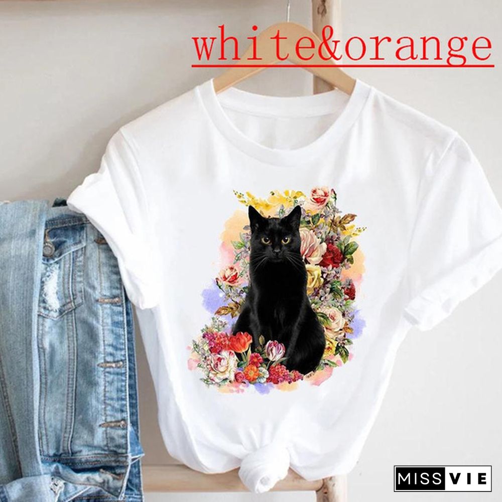 cat flower plant spring new clothing tee top tshirt fashion clothes women short sleeve summer print lady female T casual cartoon graphic t-shirt