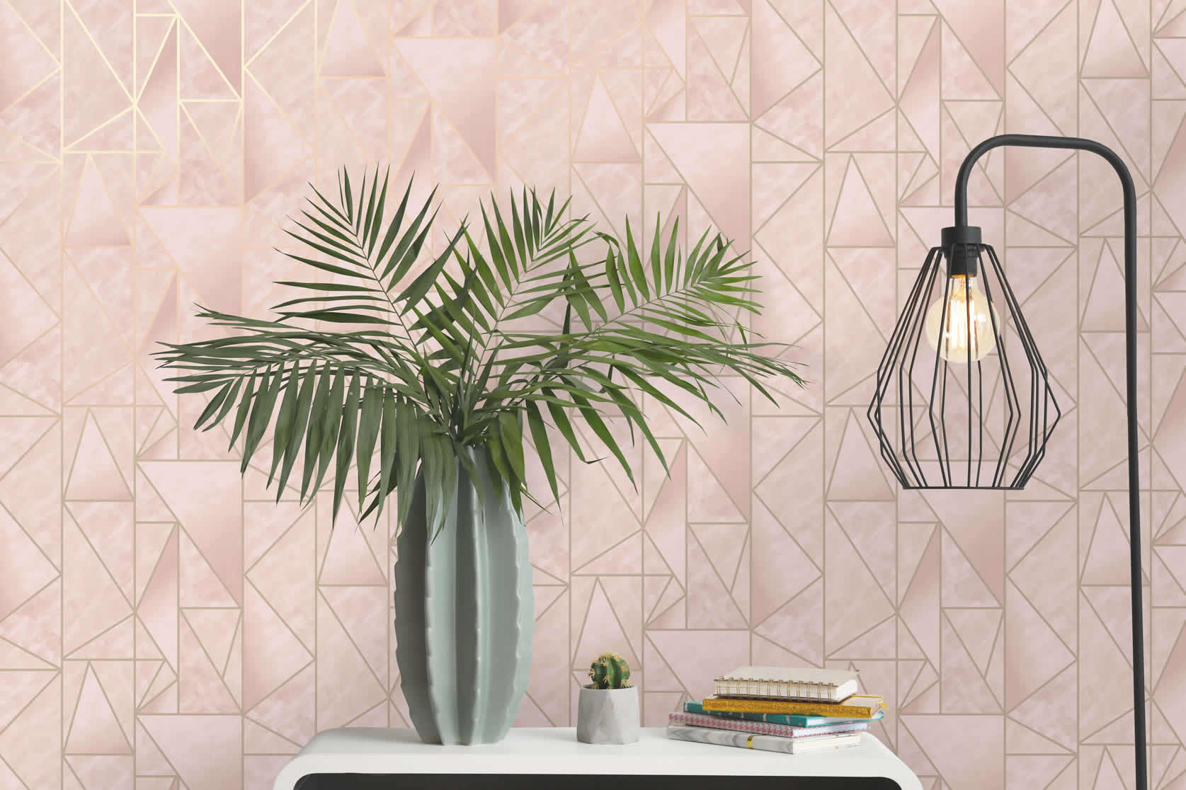 Bohemian Metallic Triangles Wallpaper in Pink and Gold