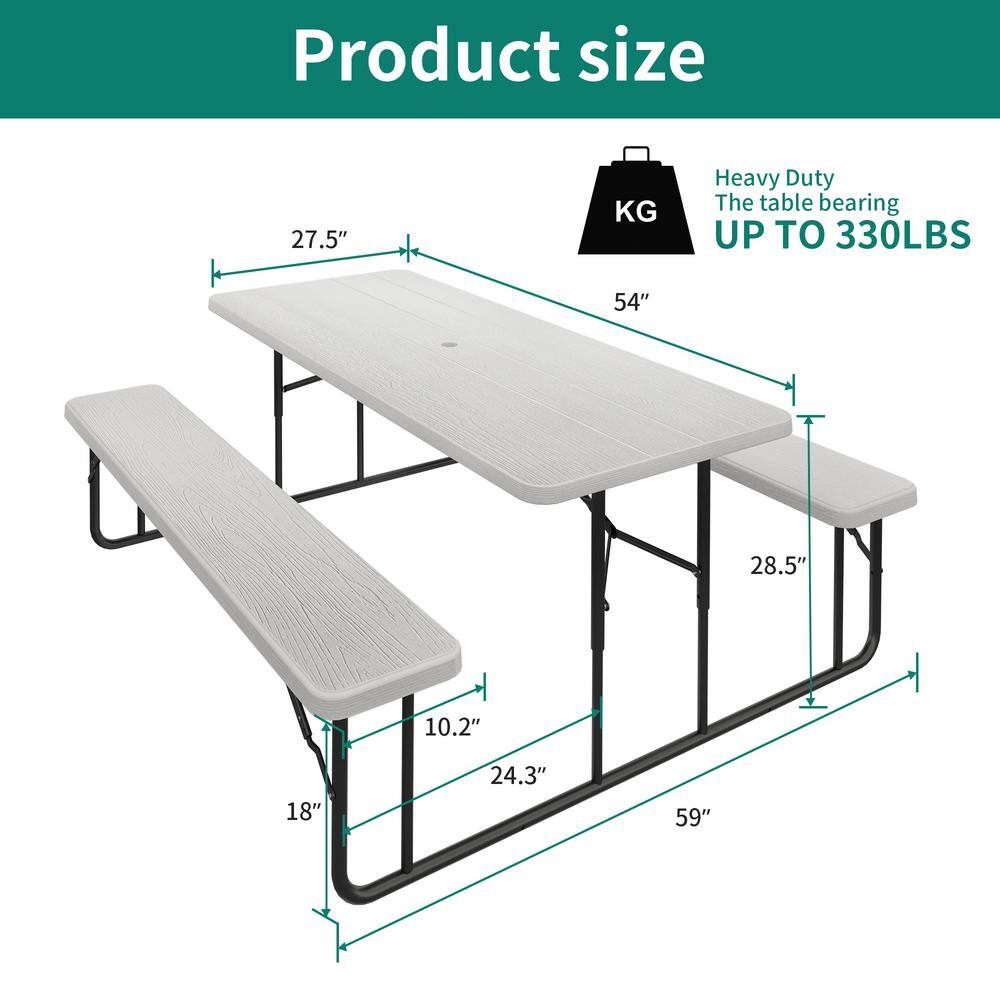 DEXTRUS 6 ft. White Rectangular HDPE Picnic Table and Bench with Umbrella Hole HDLPT0003179AV