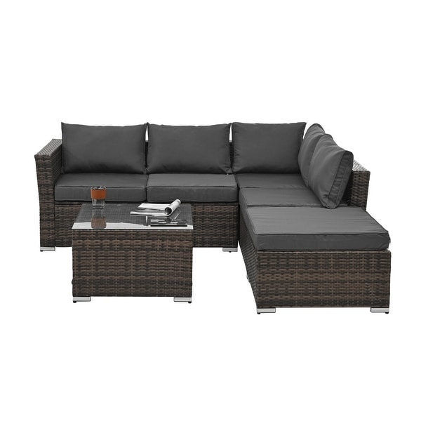 4Piece Patio Conversation Wicker Furniture Set，Sectional Sofa Set with Tempered Glass Coffee Table，Sofa Chair and Ottoman Sets